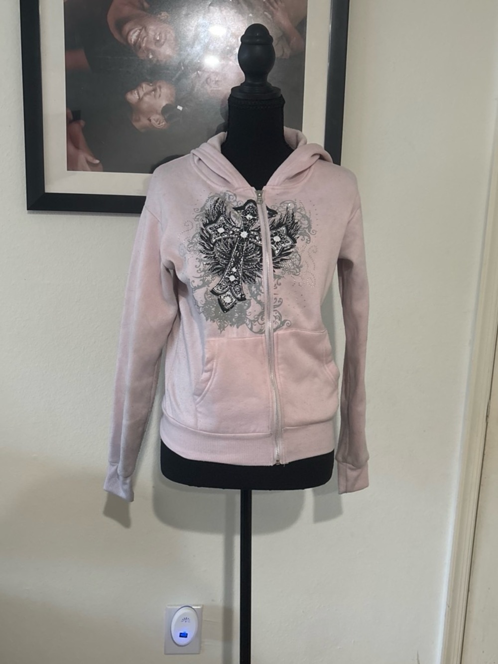 Light Pink Zip-Up Hoodie with Graphic Detail